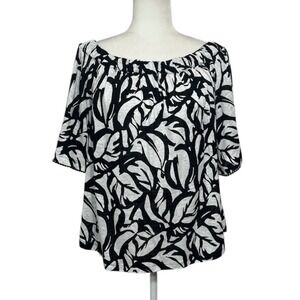 Chicos 100% Linen Black White Leaf Print Off The Shoulder Top Shirt Sz Small NWT